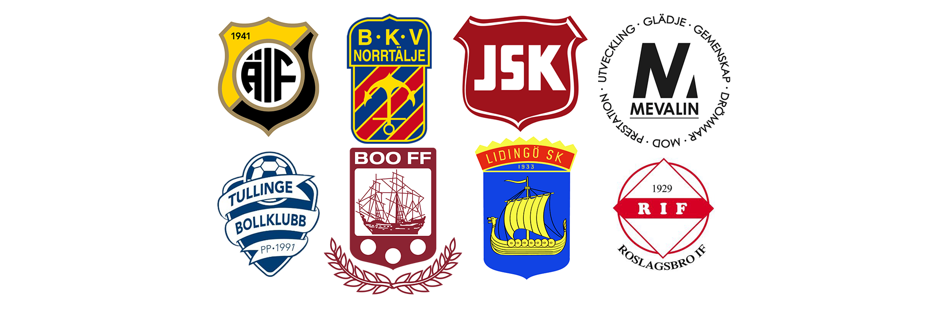 Åtta olika fotbollsklubbars logotyper arrangerade i två rader