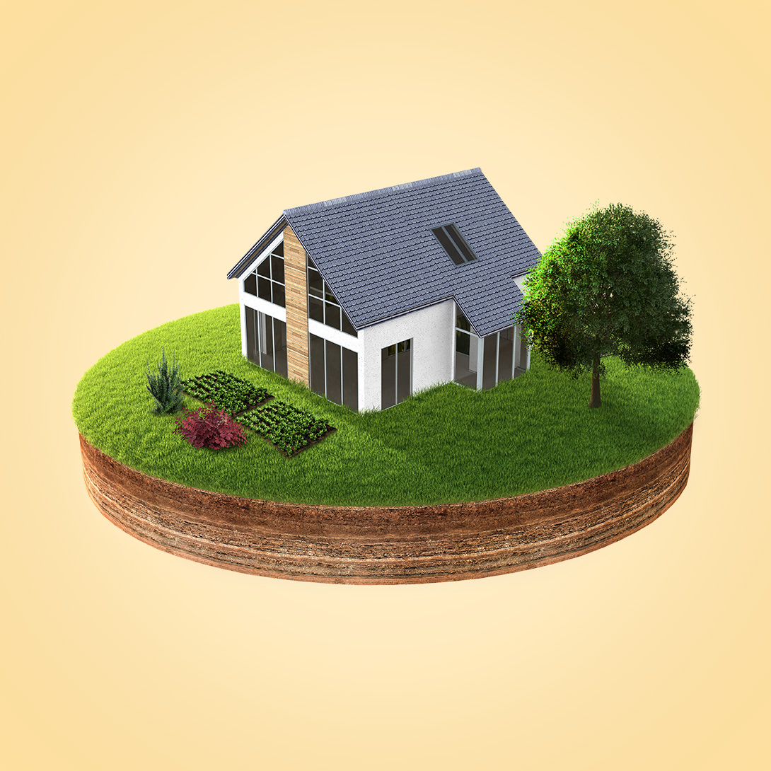 Illustration av villa med trädgård - Trädgårdsjord